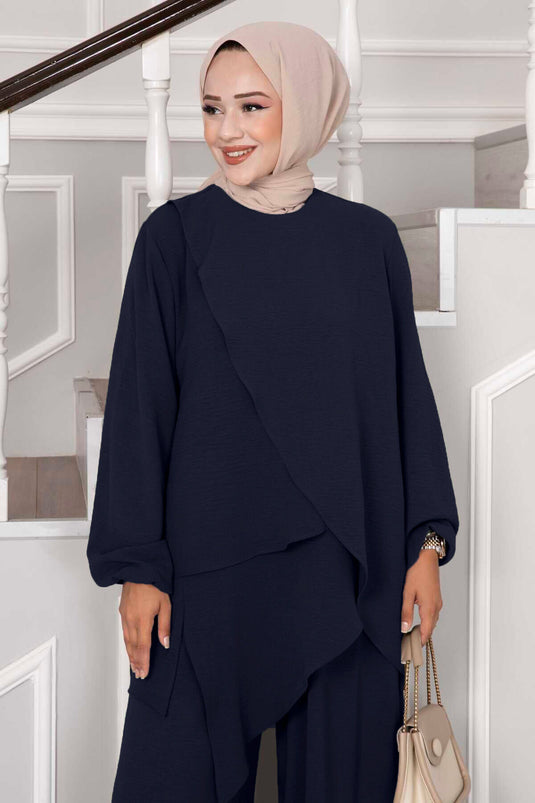Asimetrik Kesim Aerobin Tesettür İkili Takım Lacivert