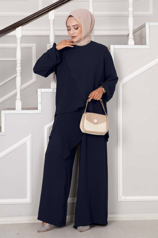 Asimetrik Kesim Aerobin Tesettür İkili Takım Lacivert
