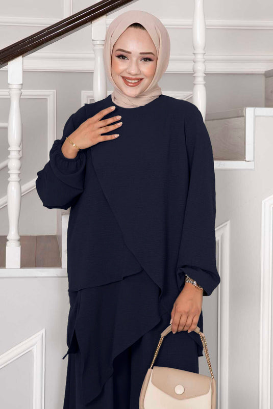 Asymmetric Cut Aerobin Modest Two-Piece Set Navy Blue