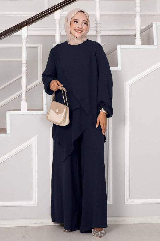 Asymmetric Cut Aerobin Modest Two-Piece Set Navy Blue