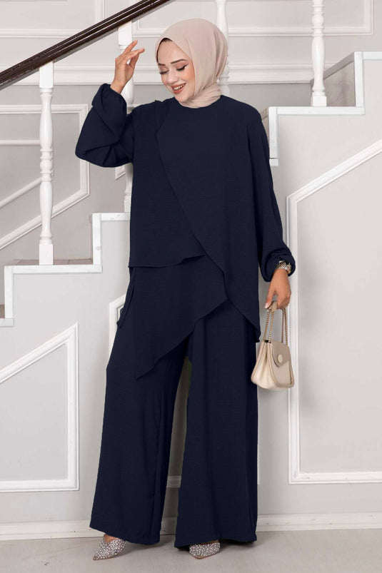 Asymmetric Cut Aerobin Modest Two-Piece Set Navy Blue