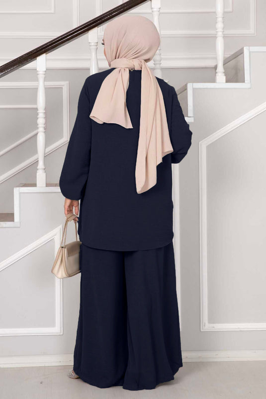 Asymmetric Cut Aerobin Modest Two-Piece Set Navy Blue