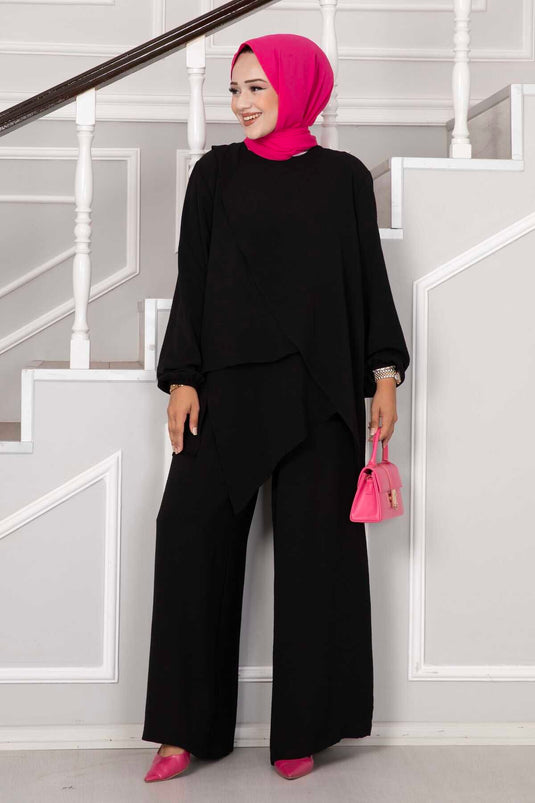 Asymmetric Cut Aerobin Hijab Two-Piece Set Black