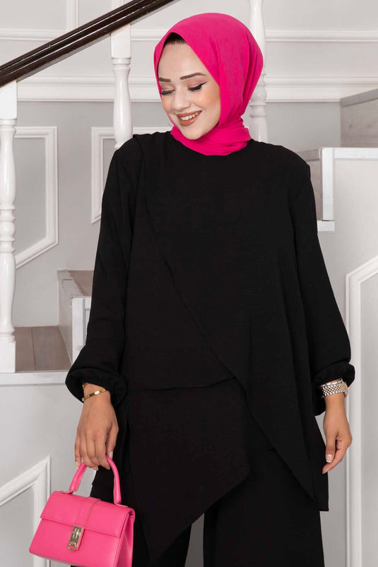 Asymmetric Cut Aerobin Hijab Two-Piece Set Black