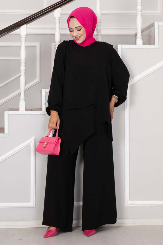 Asymmetric Cut Aerobin Hijab Two-Piece Set Black