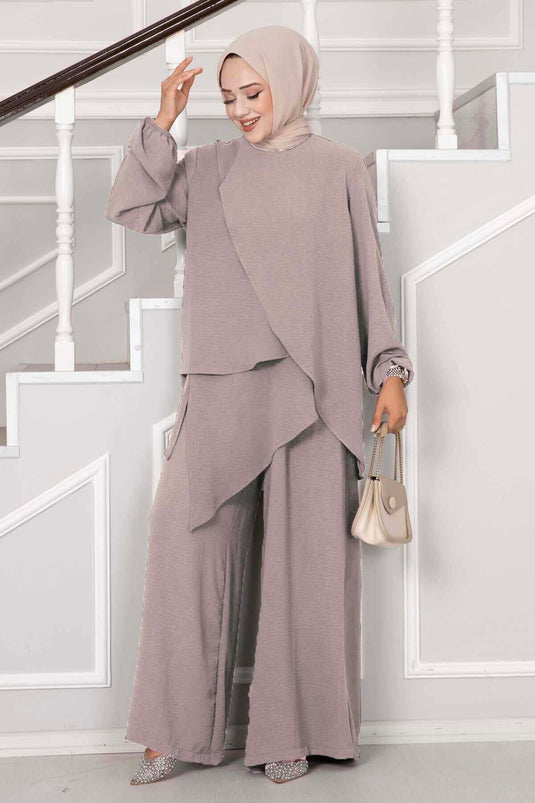 Asymmetrical Cut Aerobin Hijab Two Piece Suit Mink