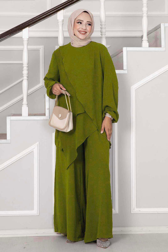 Asimetrik Kesim Aerobin Tesettür İkili Takım Yağ Yeşil