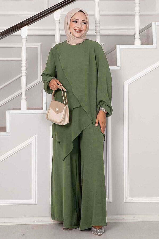 Asymmetrisch Geschnittenes Abaya- Und Tunika-Set In Olivgrün