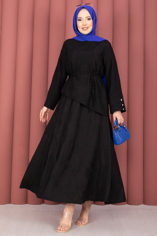 Asymmetric Cut Drawstring Embroidered Skirt Set Black