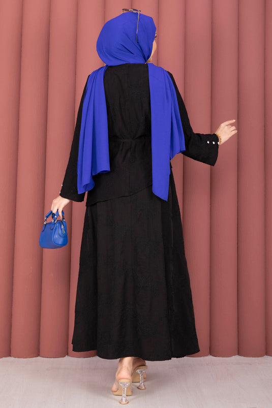 Asymmetric Cut Drawstring Embroidered Skirt Set Black