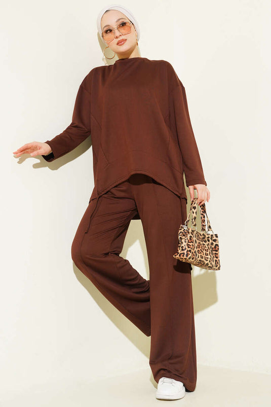 Ensemble double à col rond coupe asymétrique marron