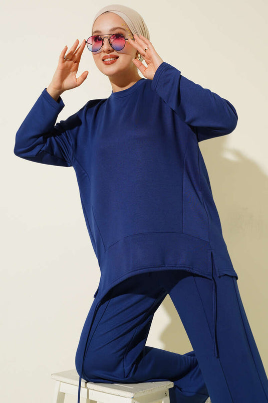 Navy Asymmetrical Cut Crew Neck Two-Piece Set