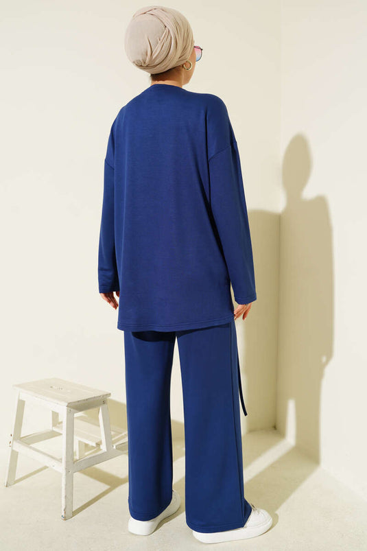 Navy Asymmetrical Cut Crew Neck Two-Piece Set