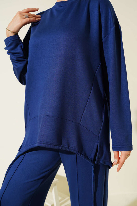 Asimetrik Kesim Bisiklet Yaka İkili Takım Lacivert