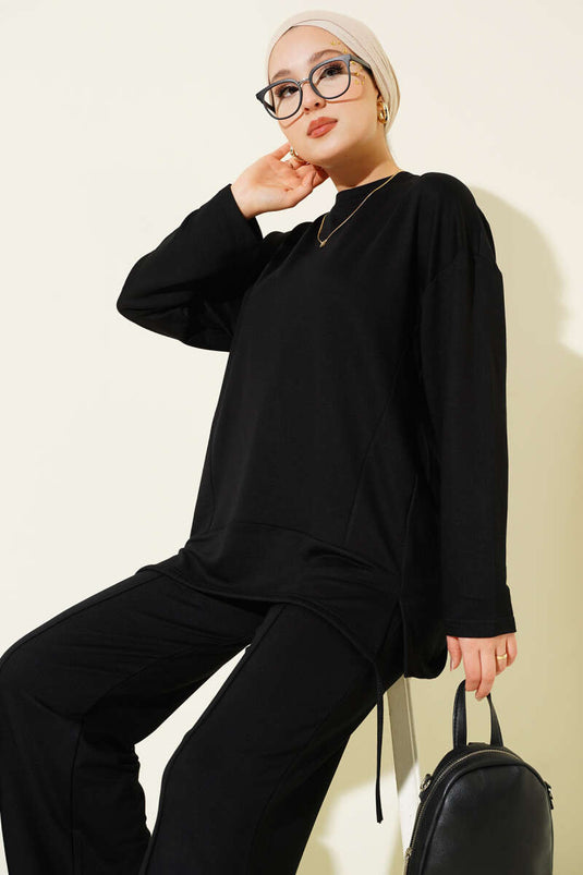Asymmetrical Cut Crew Neck Two Piece Suit Black
