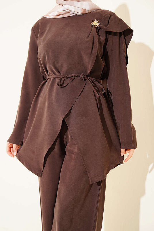 Ensemble double en tensel à coupe asymétrique avec broche, couleur café