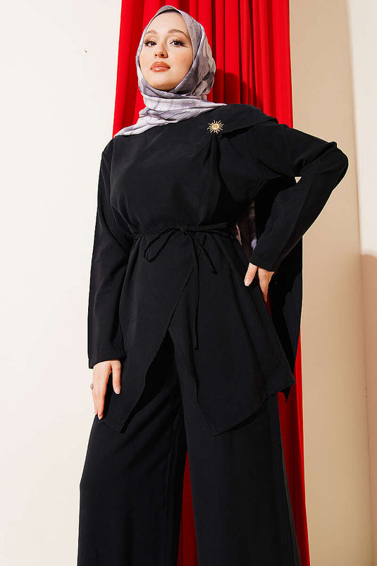 Asymmetrisch gesneden set van twee met broche, Tensel, zwart