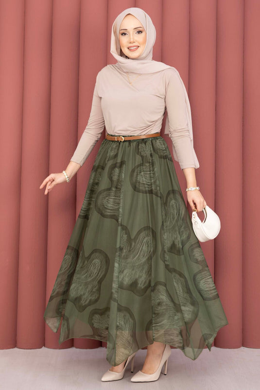 Gonna in tulle con motivo e taglio asimmetrico verde kaki