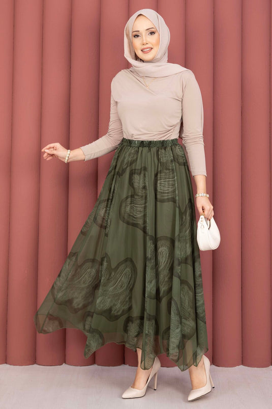 Gonna in tulle con motivo e taglio asimmetrico verde kaki