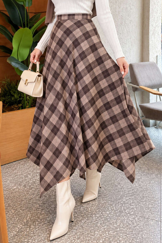 Asymmetrical Checkered Beige Skirt