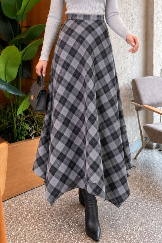 Jupe À Carreaux Asymétrique Gris Fumé
