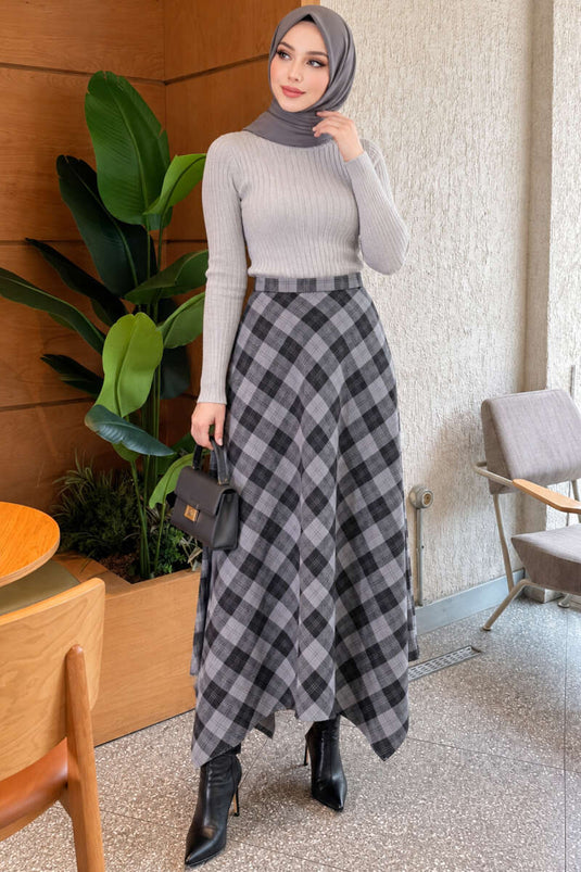 Jupe À Carreaux Asymétrique Gris Fumé