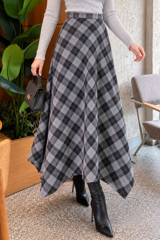 Jupe À Carreaux Asymétrique Gris Fumé