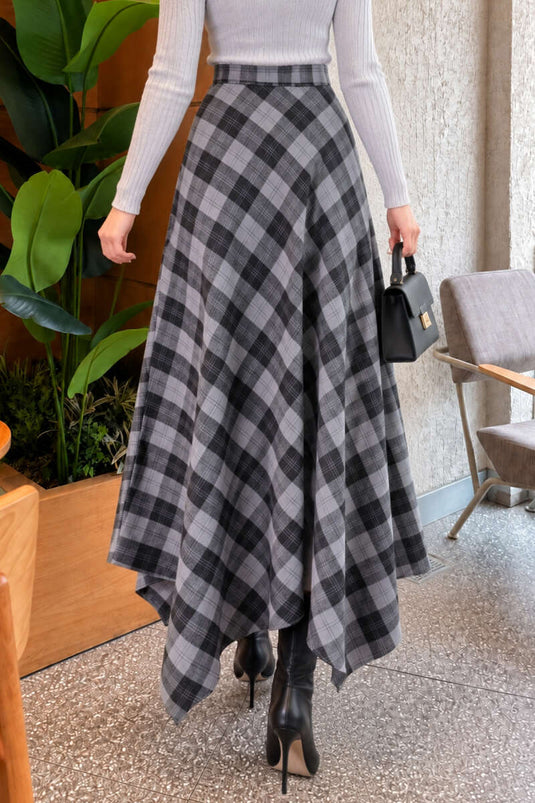 Jupe À Carreaux Asymétrique Gris Fumé
