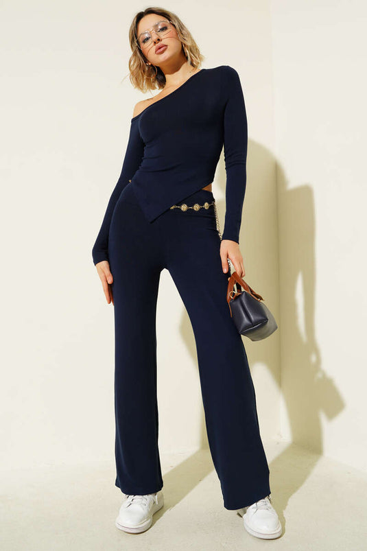 Asymmetrical Cut Two-Piece Set, Navy Blue