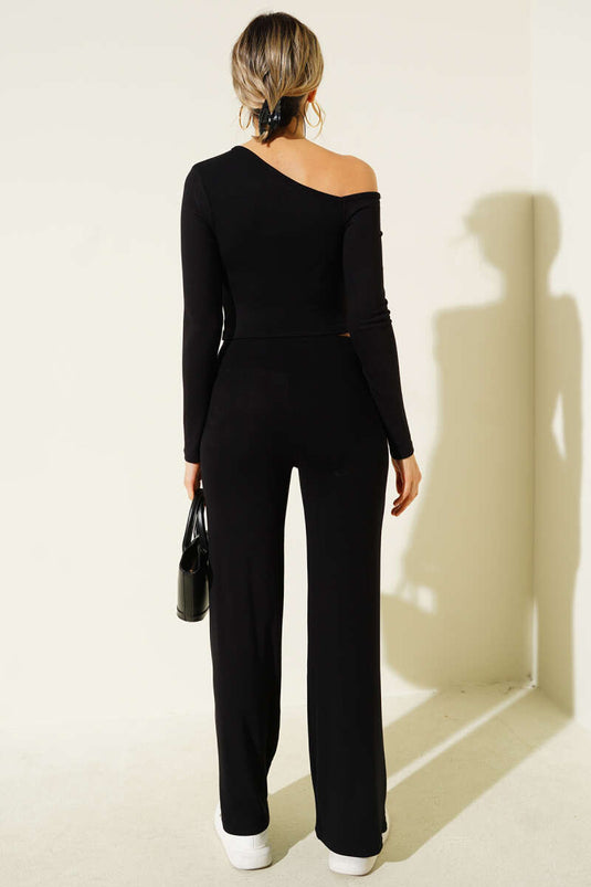 طقم قطعتين بتصميم غير متماثل، أسود