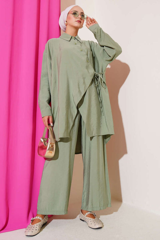 Asymmetric Cut Rope Tied Two Piece Suit, Almond Green