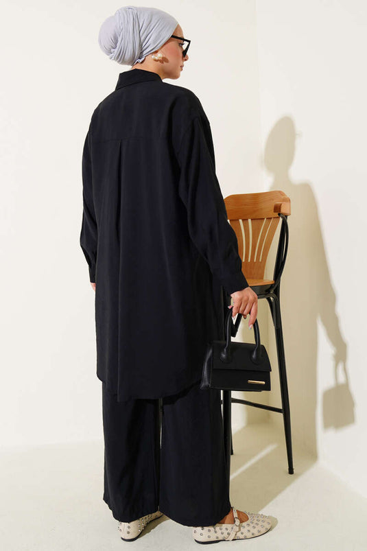 Asymmetric Cut Rope Tied Two Piece Suit Black