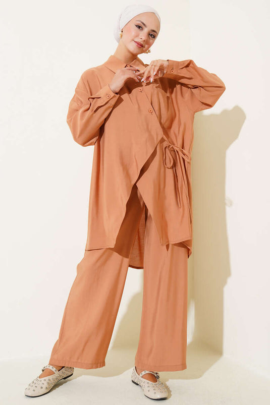 Asymmetric Cut Rope Tied Two Piece Set Tan