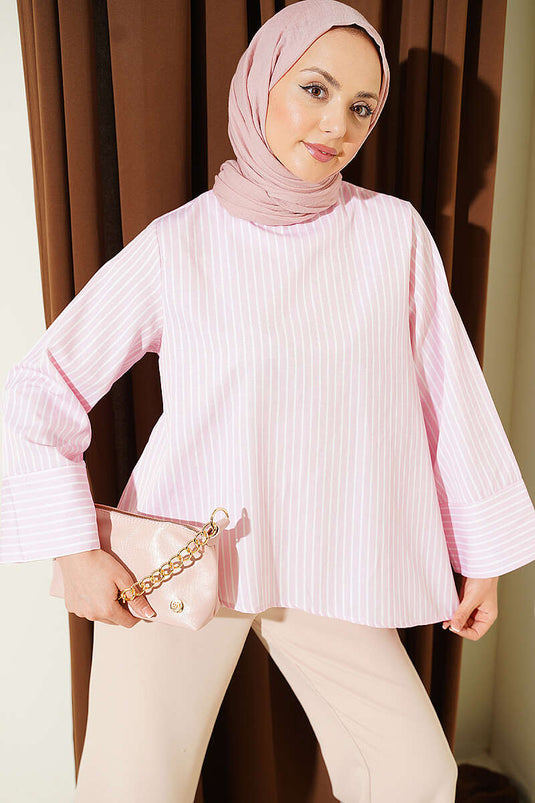 Asimetrik Kesim Kalın Çizgili Tunik Pembe