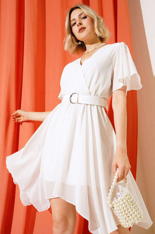Asymmetric Cut Belted Dress Ecru