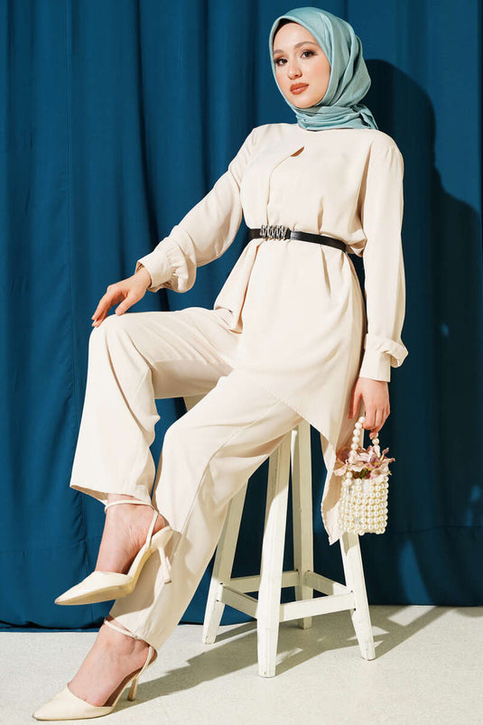 Ensemble tunique ceinturée à coupe asymétrique pierre