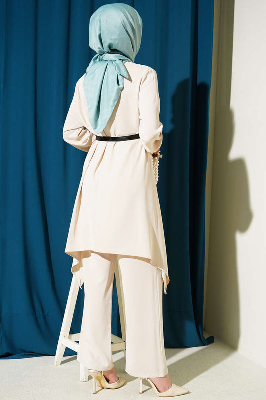 Ensemble tunique ceinturée à coupe asymétrique pierre