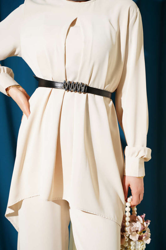 Ensemble tunique ceinturée à coupe asymétrique pierre