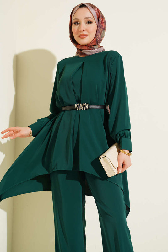 Ensemble tunique ceinturée à coupe asymétrique Émeraude
