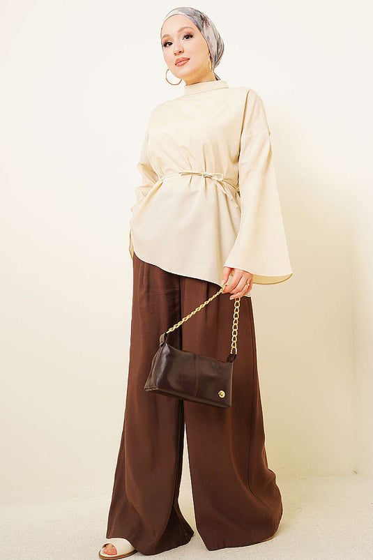 Asimetrik Kesim Poplin Tunik Bej