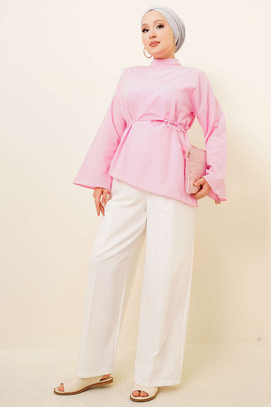 Asimetrik Kesim Poplin Tunik Pembe