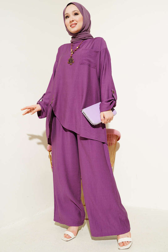 Costume deux pièces décontracté à coupe asymétrique magenta