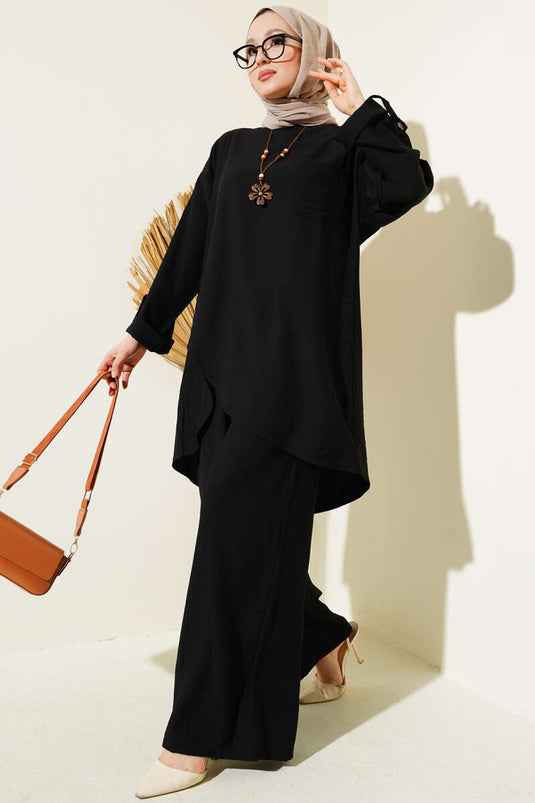 Costume deux pièces décontracté à coupe asymétrique noir