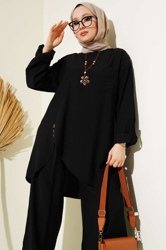 Asymmetric Cut Loose Fit Two-Piece Set Black