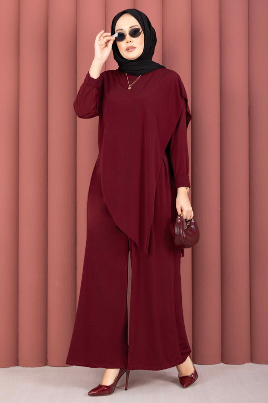 Asimetrik Kesim Sandy İkili Takım Bordo