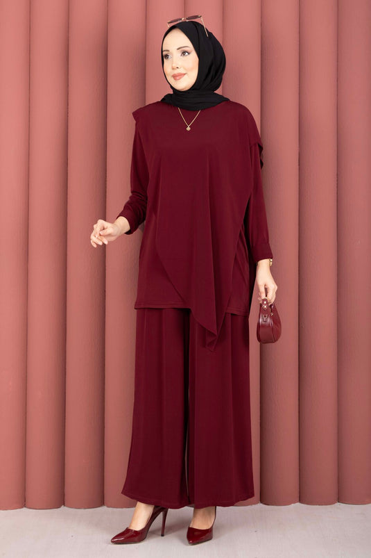 Asymmetric Cut Sandy Two-Piece Set Burgundy