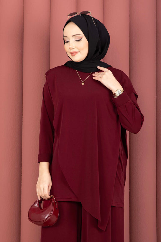 Asymmetric Cut Sandy Two-Piece Set Burgundy