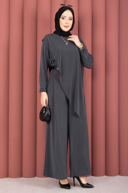 Asymmetric Cut Sandy Two-Piece Set Smoke