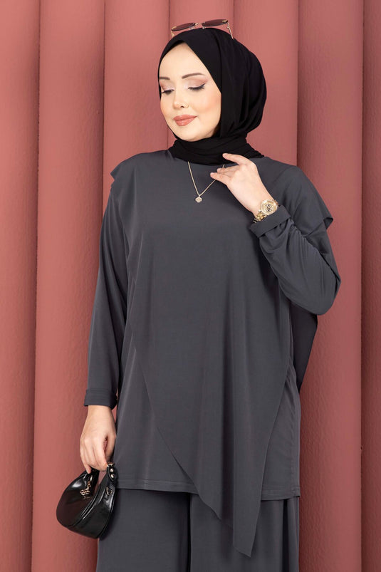 Asymmetric Cut Sandy Two-Piece Set Smoke