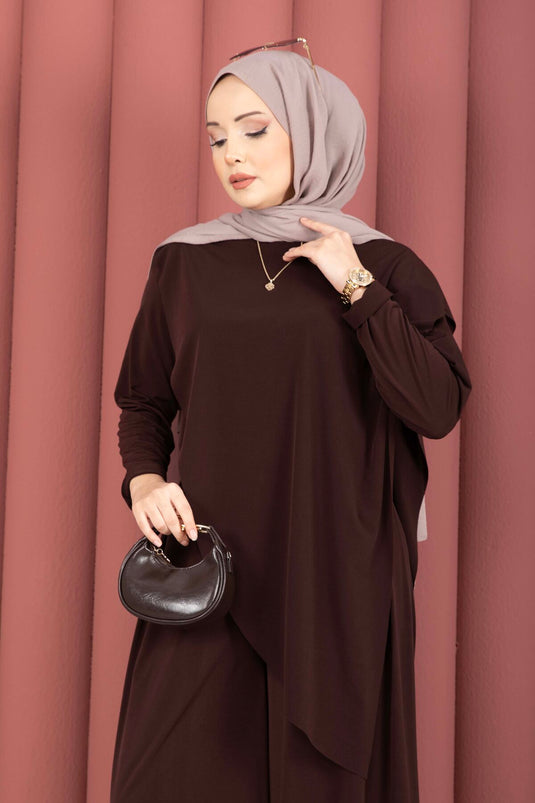 Asymmetric Cut Sandy Two-Piece Set Brown